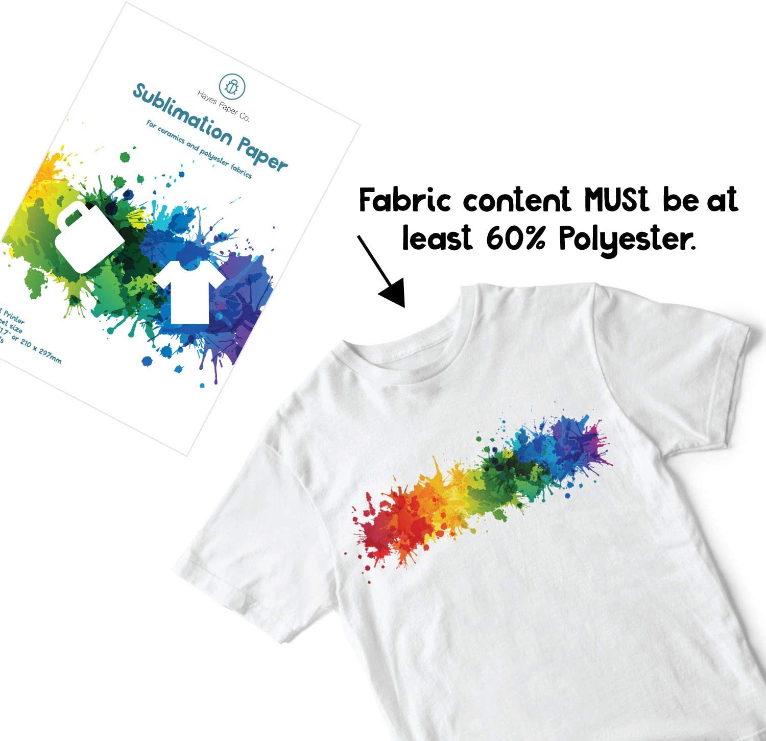 HAYES PAPER CO. Sublimation Paper for Heat Transfer onto Shirts, Ceramic Mugs, Works with All Inkjet Printers, 8.5x11 in. 110 Sheets, 125 GSM HAYES PAPER CO. Sublimation Paper for Heat Transfer onto Shirts, Ceramic Mugs, Works with All Inkjet Printers, 8.5x11 in. 110 Sheets, 125 GSM
